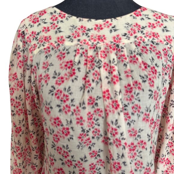 Rebecca Taylor Small Floral Print Long Sleeve Blouse 100% Cotton Ivory & Pink - Picture 4 of 7